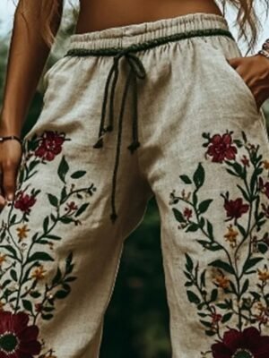 Boho Regular Fit Natural Flower Elastic Waist Full Length Slacks - Image 4