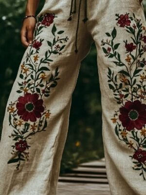 Boho Regular Fit Natural Flower Elastic Waist Full Length Slacks - Image 5