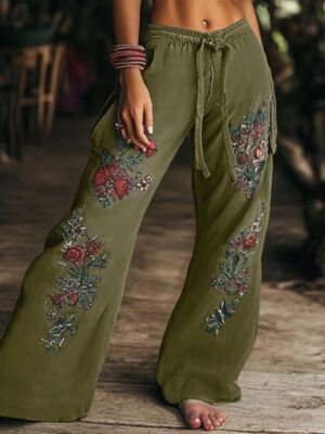 Boho Regular Fit Natural Flower Full Length Wide Leg Slacks - Image 1