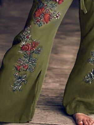 Boho Regular Fit Natural Flower Full Length Wide Leg Slacks - Image 4