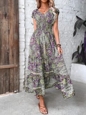 Boho Regular Fit Paisley V Neck Short Sleeve Maxi Dress - Image 11