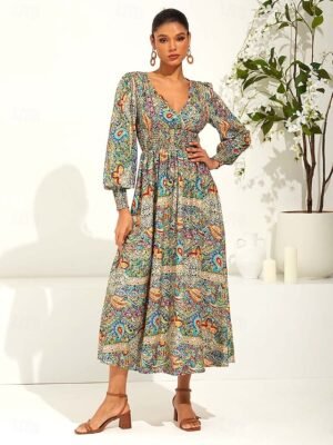Boho Regular Fit Paisley V Neck Short Sleeve Maxi Dress - Image 17