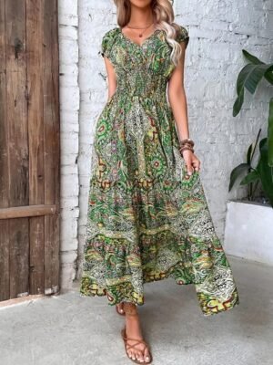 Boho Regular Fit Paisley V Neck Short Sleeve Maxi Dress - Image 4