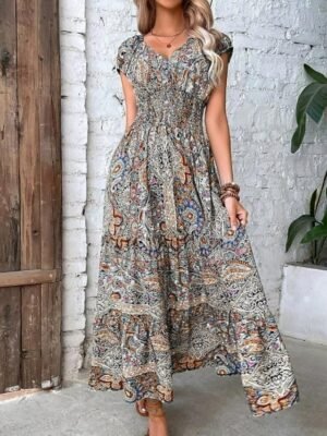 Boho Regular Fit Paisley V Neck Short Sleeve Maxi Dress - Image 6