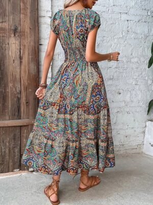 Boho Regular Fit Paisley V Neck Short Sleeve Maxi Dress - Image 9
