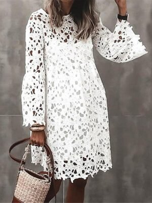 Boho Regular Fit Plain Crew Neck 3/4 Sleeve Mini Dress - Image 2