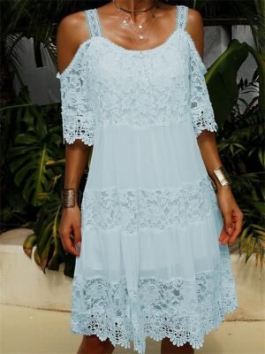 Boho Regular Fit Plain Strap Short Sleeve Midi Lace Dress - Image 2