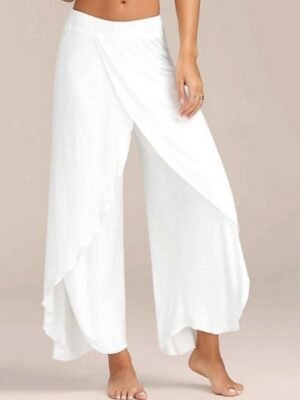 Boho Regular Fit Solid Colour Mid Waist Full Length Wide Leg Trousers - Image 2