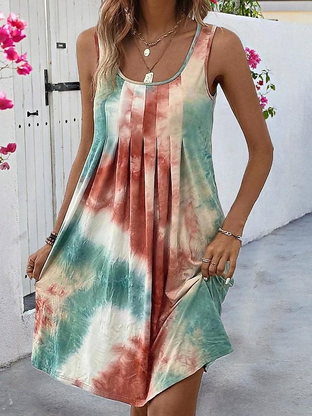 Boho Regular Fit Tie Dye U Neck Sleeveless Mini Dress - Image 1