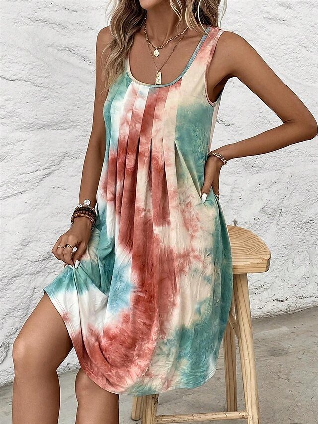 Boho Regular Fit Tie Dye U Neck Sleeveless Mini Dress - Image 2