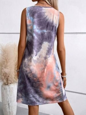 Boho Regular Fit Tie Dye U Neck Sleeveless Mini Dress - Image 6
