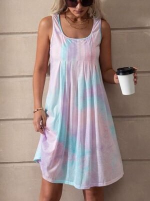 Boho Regular Fit Tie Dye U Neck Sleeveless Mini Dress - Image 8