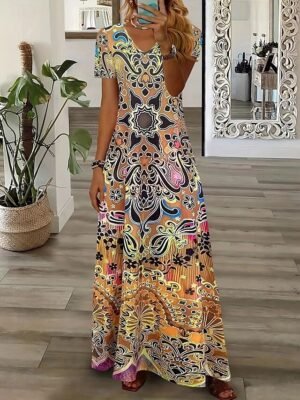 Boho Regular Fit Tribal Crew Neck Short Sleeve Maxi Dress - Image 3