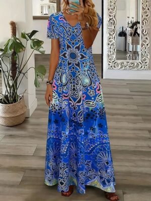 Boho Regular Fit Tribal Crew Neck Short Sleeve Maxi Dress - Image 4