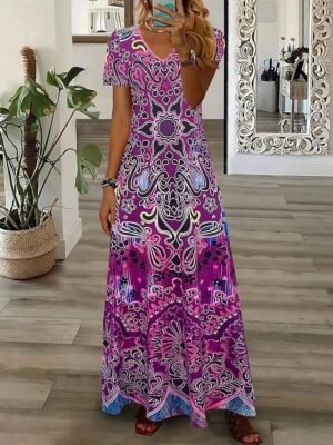 Boho Regular Fit Tribal Crew Neck Short Sleeve Maxi Dress - Image 5