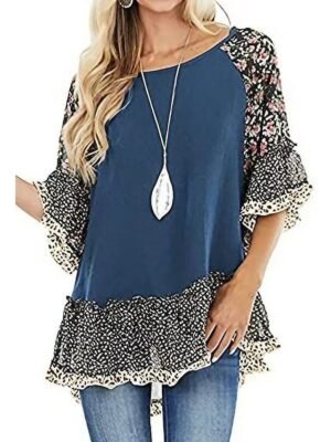 Boho Regular Floral Leopard Round Neck 3/4 Sleeve Flowing Tunic - Image 1