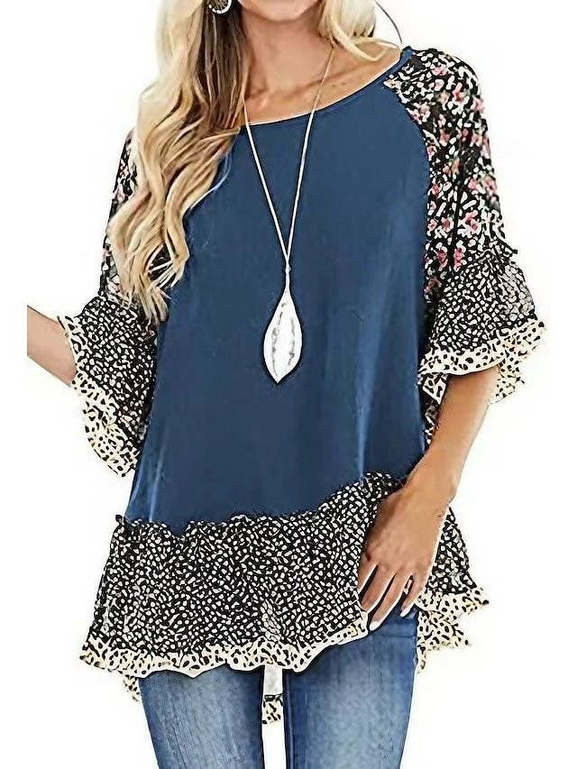 Boho Regular Floral Leopard Round Neck 3/4 Sleeve Flowing Tunic - Image 1