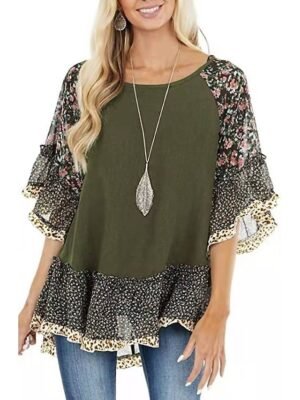 Boho Regular Floral Leopard Round Neck 3/4 Sleeve Flowing Tunic - Image 10