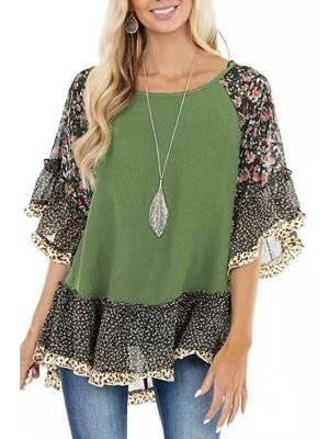 Boho Regular Floral Leopard Round Neck 3/4 Sleeve Flowing Tunic - Image 13