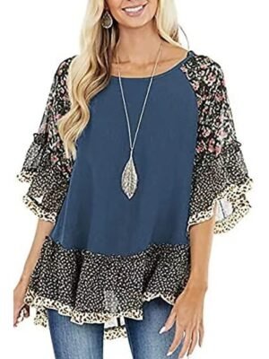 Boho Regular Floral Leopard Round Neck 3/4 Sleeve Flowing Tunic - Image 2