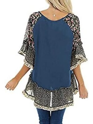Boho Regular Floral Leopard Round Neck 3/4 Sleeve Flowing Tunic - Image 3