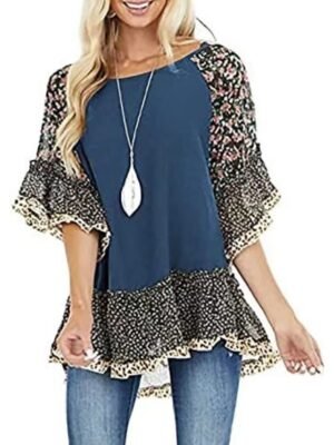 Boho Regular Floral Leopard Round Neck 3/4 Sleeve Flowing Tunic - Image 4
