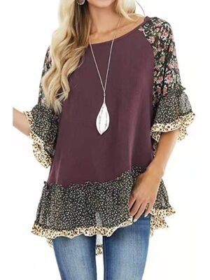 Boho Regular Floral Leopard Round Neck 3/4 Sleeve Flowing Tunic - Image 5