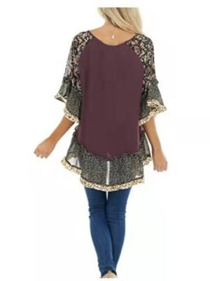 Boho Regular Floral Leopard Round Neck 3/4 Sleeve Flowing Tunic - Image 7