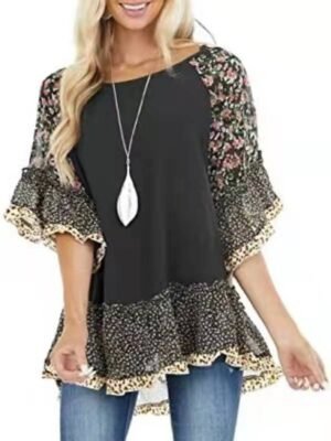Boho Regular Floral Leopard Round Neck 3/4 Sleeve Flowing Tunic - Image 8