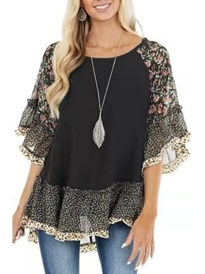 Boho Regular Floral Leopard Round Neck 3/4 Sleeve Flowing Tunic - Image 9