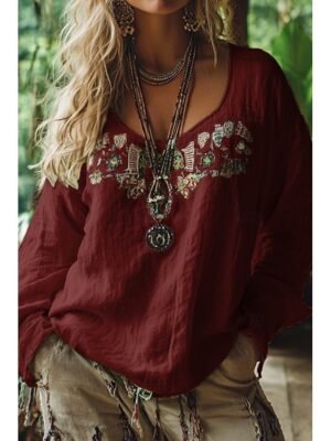 Boho Regular Floral Off Shoulder Long Sleeve Blouse - Image 39
