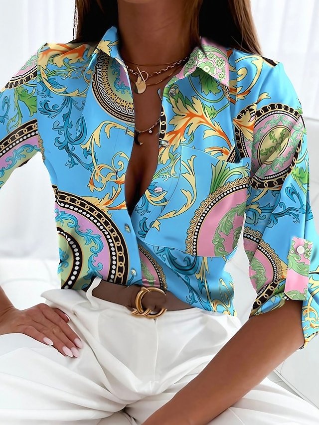 Boho Regular Floral Striped Shirt Collar Long Sleeve Top - Image 1