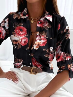 Boho Regular Floral Striped Shirt Collar Long Sleeve Top - Image 2
