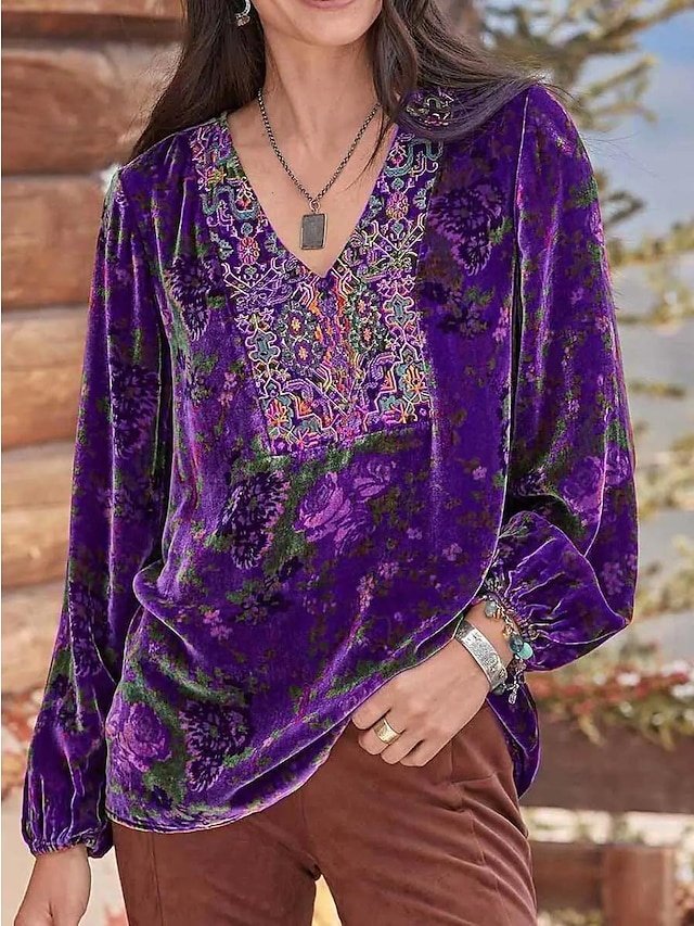 Boho Regular Floral V Neck Long Sleeve Velvet Tops - Image 1
