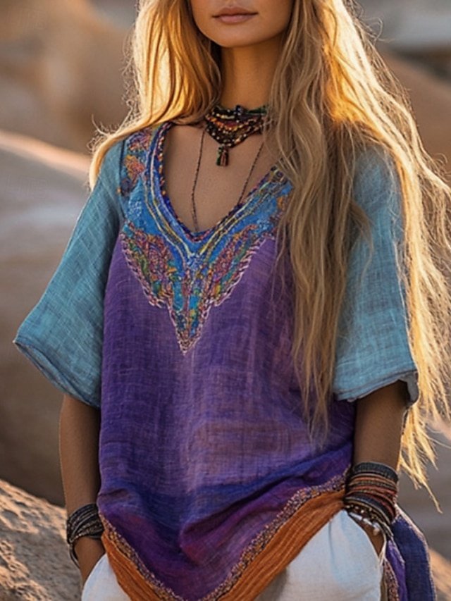 Boho Regular Floral V Neck Short Sleeve Blouse - Image 1