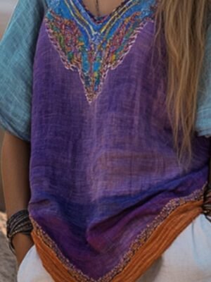 Boho Regular Floral V Neck Short Sleeve Blouse - Image 3