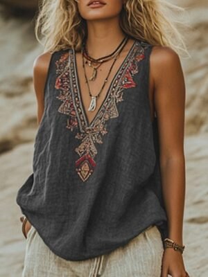 Boho Regular Flower V Neck Sleeveless Summer Blouse - Image 1
