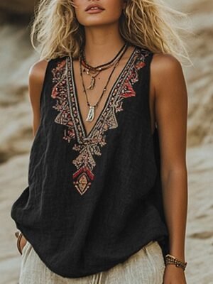 Boho Regular Flower V Neck Sleeveless Summer Blouse - Image 3