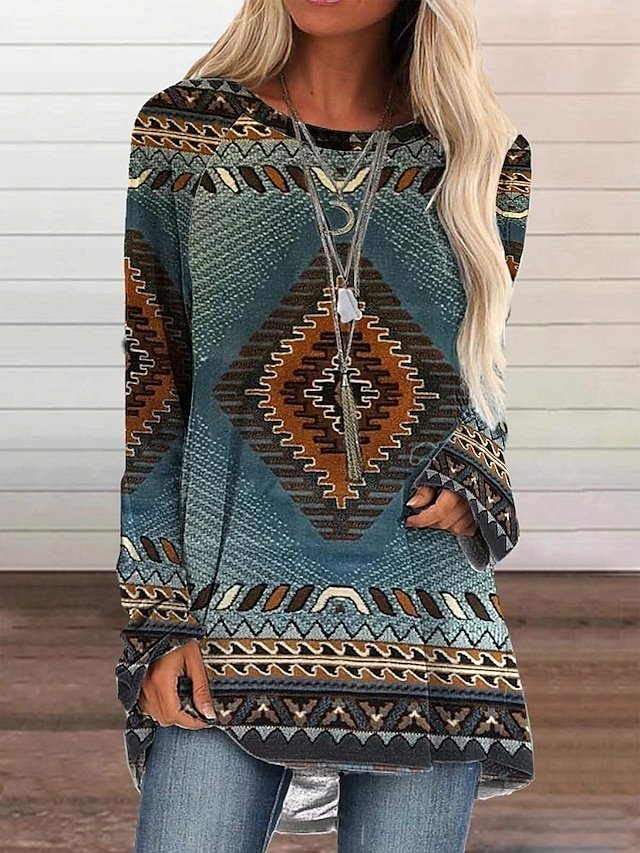 Boho Regular Graphic Round Neck Long Sleeve Tunic Top - Image 1