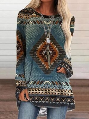 Boho Regular Graphic Round Neck Long Sleeve Tunic Top - Image 2