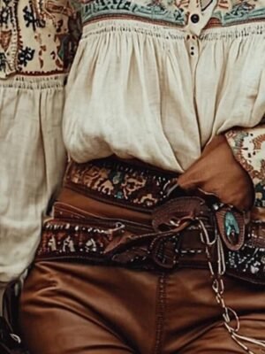 Boho Regular Print Off Shoulder Long Sleeve Blouse - Image 3