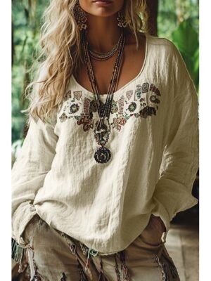 Boho Regular Print Off Shoulder Long Sleeve Blouse - Image 37