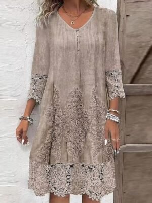 Boho Relaxed Fit Vintage Pattern V Neck Three Quarter Sleeve Midi Dress - Image 2