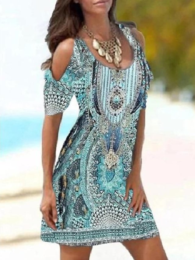 Boho Sheath Abstract Crew Neck Short Sleeve Mini Dress - Image 1