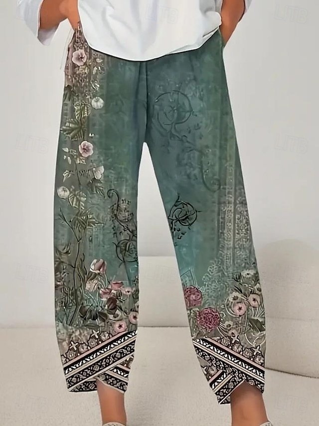Boho Wide Leg Floral High Waist Ankle-Length Chinos - Image 1