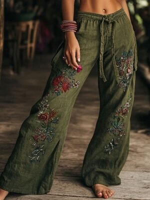Boho Wide Leg Floral High Waist Full Length Trousers - Image 1