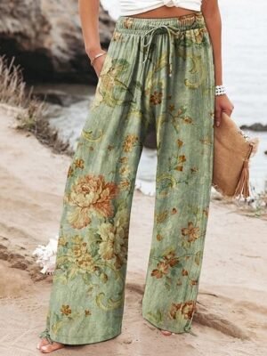 Boho Wide Leg Floral High Waist Full Length Palazzo Pants - Image 1