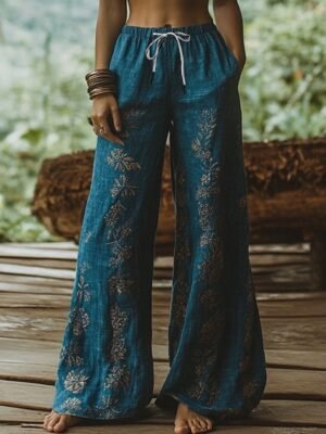 Boho Wide Leg Floral High Waist Full Length Chinos - Image 1