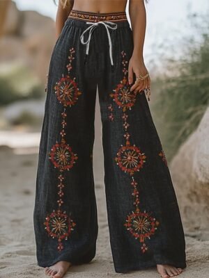 Boho Wide Leg Floral High Waist Full Length Chinos - Image 2