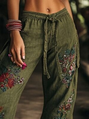 Boho Wide Leg Floral High Waist Full Length Trousers - Image 2